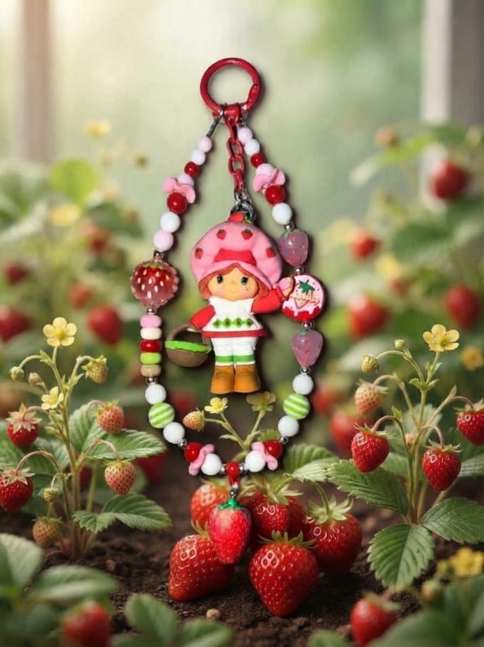 Pink Strawberry Doll Beaded Keychain for Kids